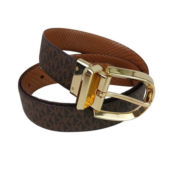 Michael Kors SZ 37 Reversible Signature Logo And Croc Leather Belt In Brown-Gold - Picture 1 of 5